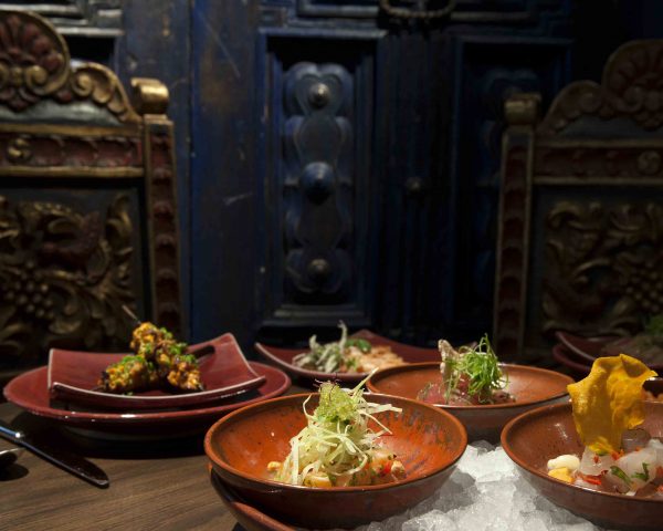 Coya Restaurant, 118 Piccadilly, Mayfair. W1J 7NW. A selection of Peruvian food icluding cerviches and anticuchos in the restaurant.