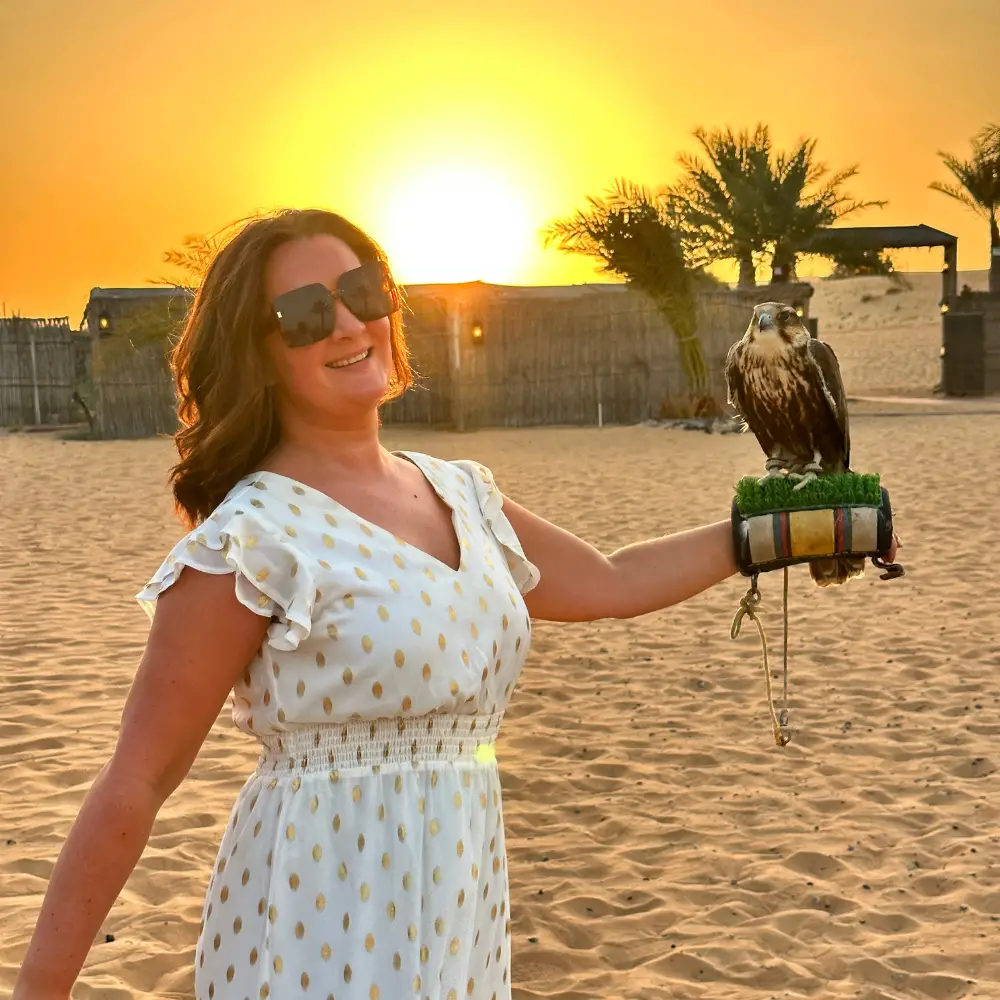 Christina Mitsi holds a falcon